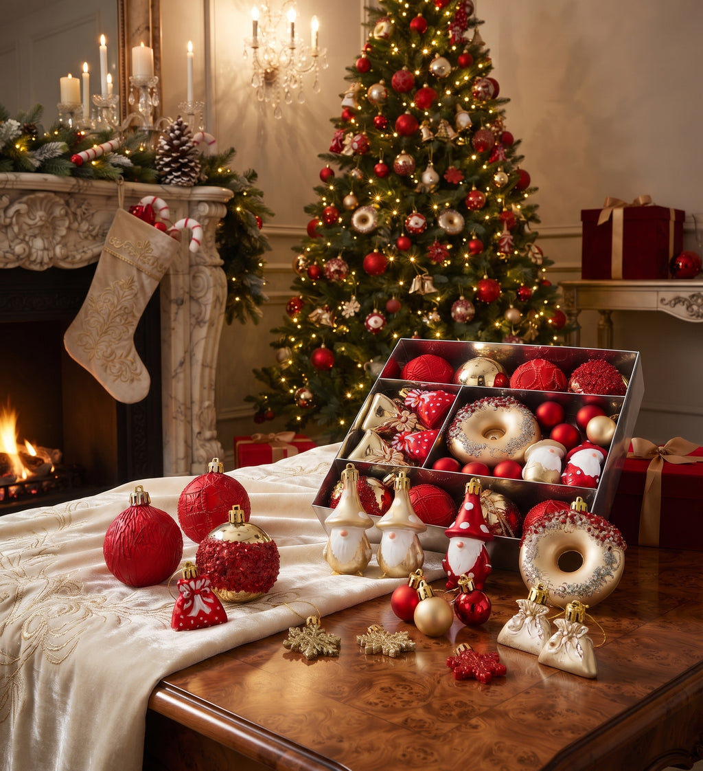 Set de 60 Adornos Navideños Rojo y Dorado