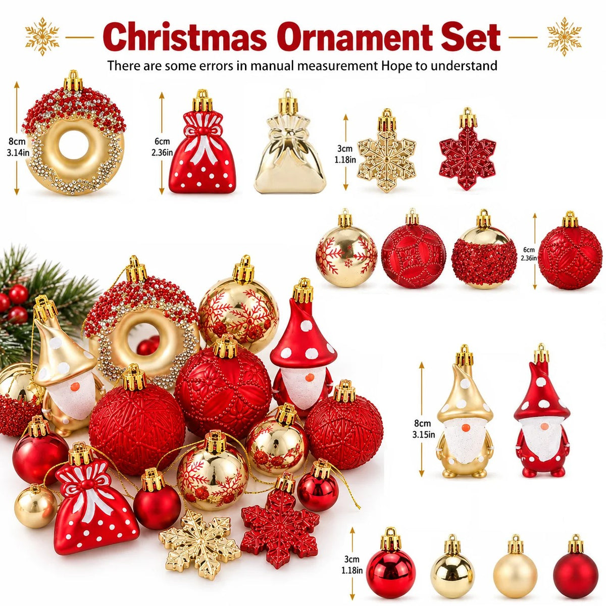 Set de 60 Adornos Navideños Rojo y Dorado